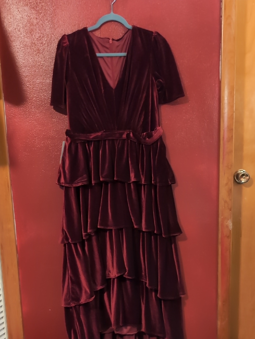 Velvet Tiered Ruffle Dress - Burgundy